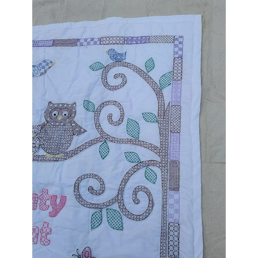Handmade Baby Quilt, Embroidered Owl Flower Tree Nighty Night, White, 40